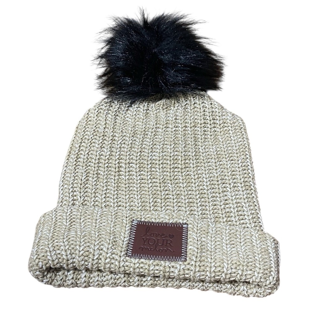 LOVE YOUR MELON Tan Cuffed Pom Pom Cotton OVERSIZED Beanie‎ Hat Leather Patch
